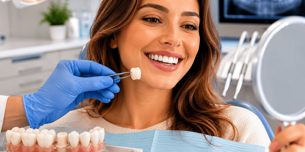 Smiling woman with healthy white teeth after receiving a natural looking dental crown treatment