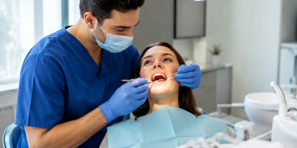 Dentist performing a routine dental examination during a preventive care appointment